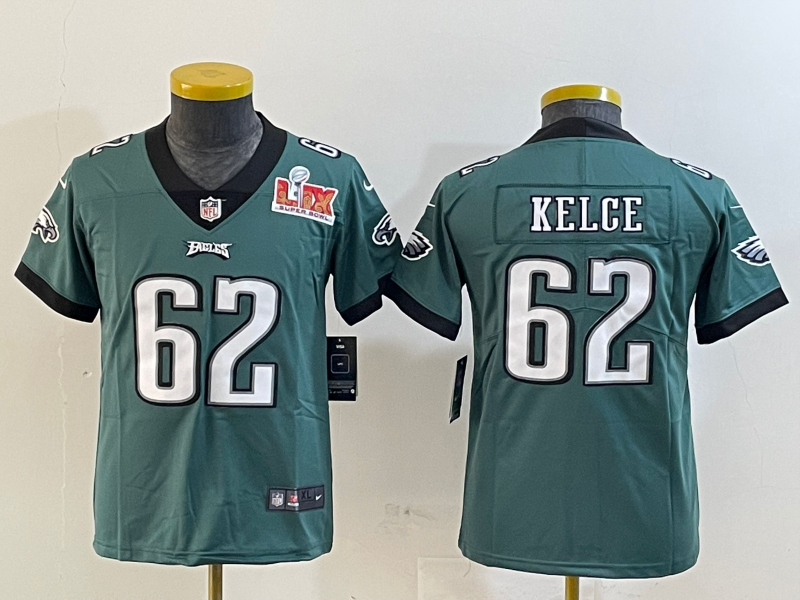 Youth 2025 Philadelphia Eagles 62 Kelce green Nike NFL jersey style #3 